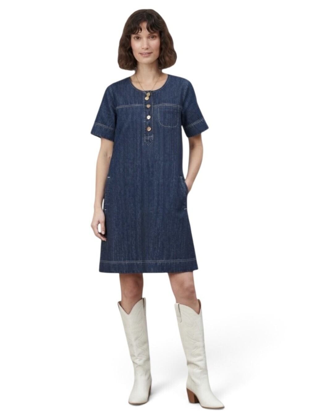J. Jill Celtic Sea Denim Shift Dress Sz.S Cotton Short Sleeve Henley Lagenlook